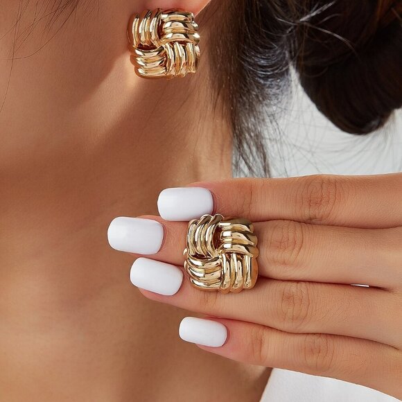 Yellow Gold Punk Women's Style Twisted Square Cross Button Stud Earrings - Picture 1 of 5